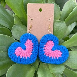 Handmade Crochet Heart Royal Blue Pink Two-Tone Earrings Valentine’s Day Jewelry